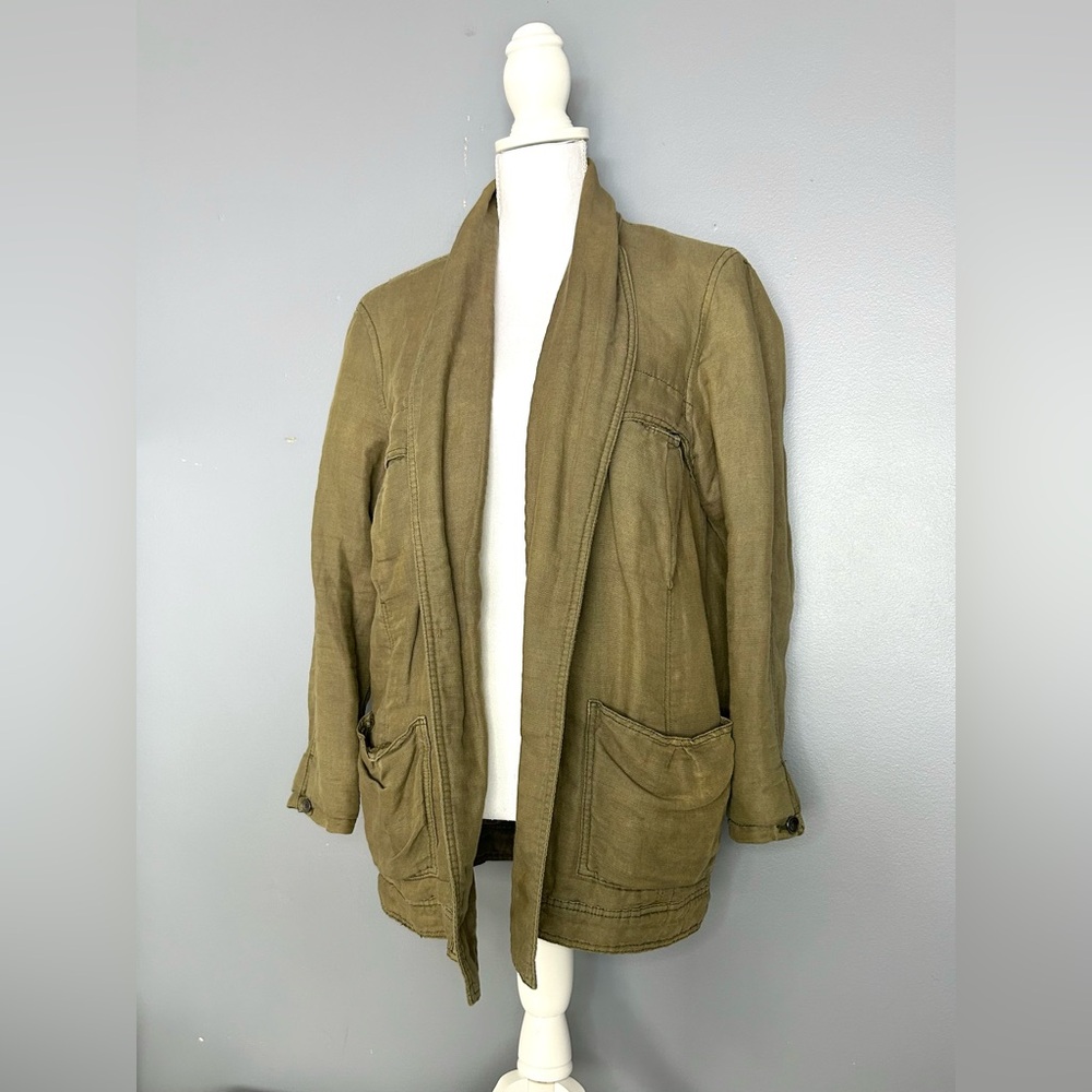Free People Oversized Gauze Linen Cotton‎ Military Cargo Utility Jacket XS Green
